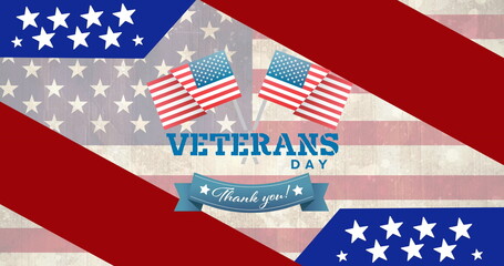 Fototapeta premium Composition of veterans day text, with stars and stripes and two american flags, over large flag