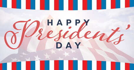 Image of happy president's day text, with red and blue stripes over american flag, on blue