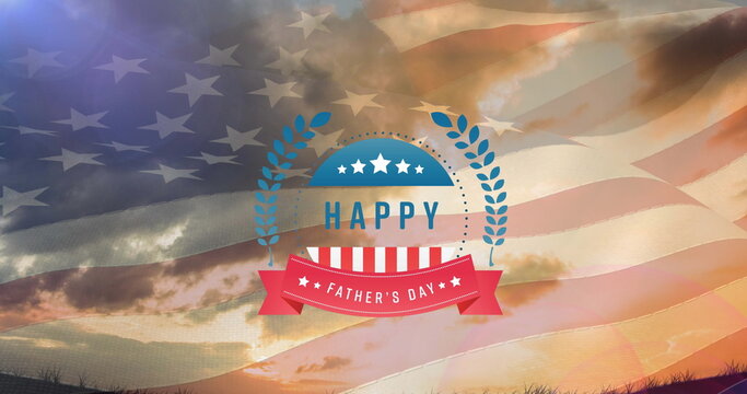 Naklejki Image of happy father's day text, over sunset sky and american flag