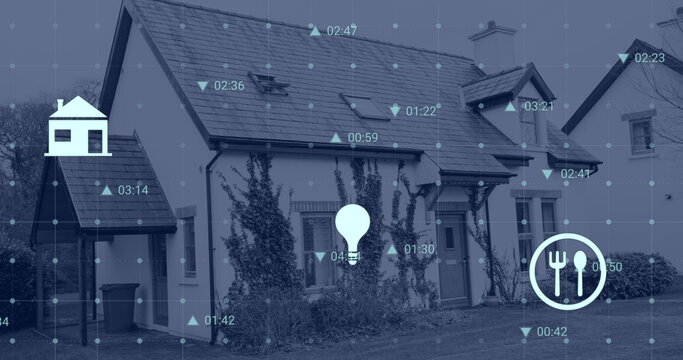 Image of house, financial data processing icons and statistics