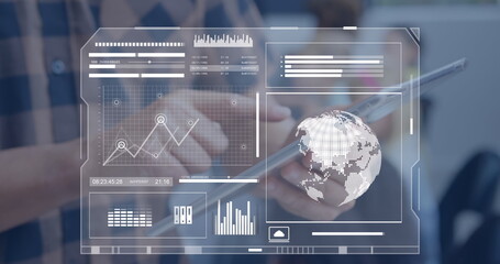 Image of financial data processing over businessmen using tablet