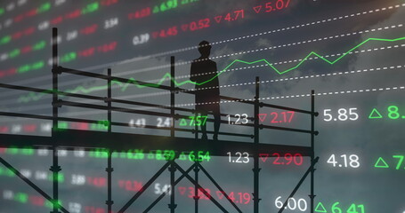 Image of female architect on scaffolding, financial data processing and statistics