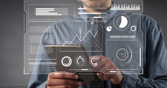 Image of financial data processing over businesswomen using tablet