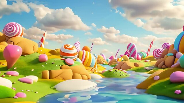 3D illustration of colorful candy forest landscape in nature background with river