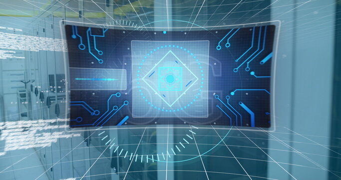Image of 5g and processing circles over servers