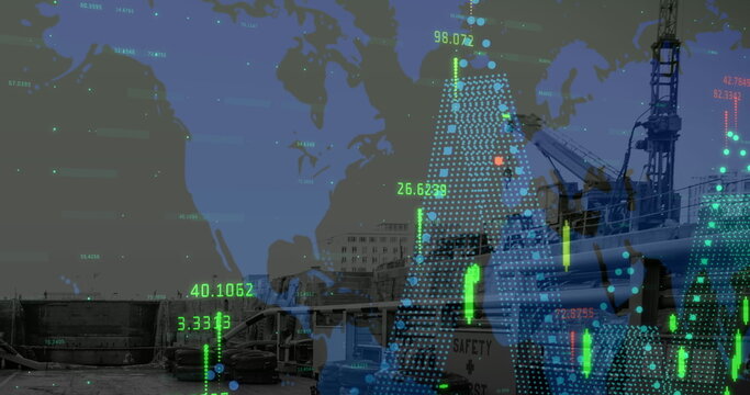 Image of crane at construction site, world map, financial data processing and statistics - Powered by Adobe