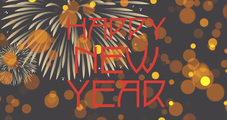 Image of happy new year text in red over fireworks and orange and yellow spots of light at night