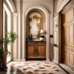 Wooden cabinet near venetian stucco wall with arched doorway. Mediterranean interior design of...
