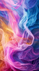 Soft ribbons of smoke display a harmony of colors, smoothly intertwining against a subtle blue backdrop, creating a calming yet dynamic effect. Colorful smoke ribbons on a blue background