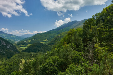 Montenegro. Valley of Tara river. Mountains and forests on the slopes of the mountains.