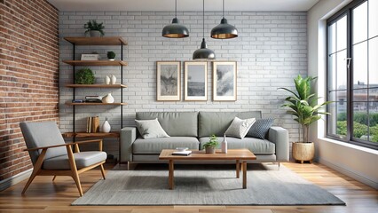 Sofa against brick wall scandinavian modern home interior living room
