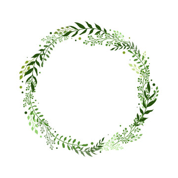 Spring round frame with sprigs of grass for words and text. Vector template with plants for design