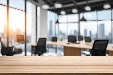 wooden table with blurred office scene - obrazy, fototapety, plakaty