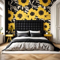 Bed with black headboard against yellow floral pattern wall. Interior design of modern bedroom.