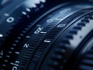 Macro view of a camera lens focusing scale with detailed markings.