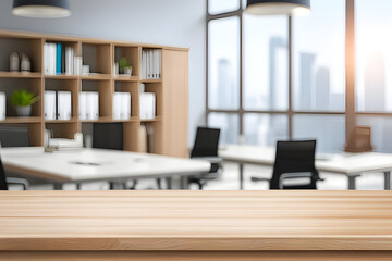 Naklejka premium wooden table with blurred office scene