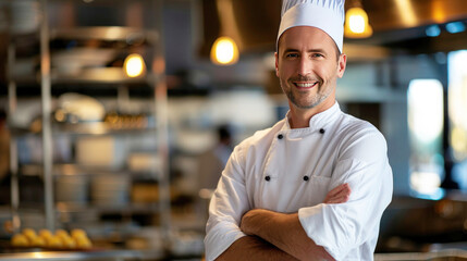 Portrait of smiling middle-aged chef in hat and chef's jacket with crossed arms in a restaurant kitchen