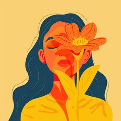 Loving girl and flower Delicate, dreamy girl.  Vector illustration for cover or postcard. Isolated on warm yellow background