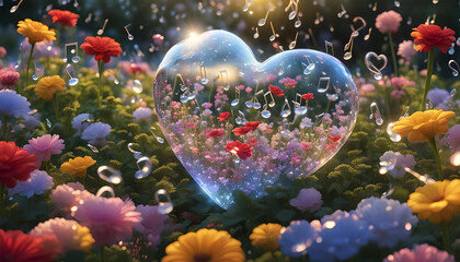 schwebendes Herz aus Kristall Glas klar und fröhlich umgeben von Blumen Noten Schwingungen in goldener Stunde über einem urbanen Park oder Garten, Liebe Leidenschaft und Symphony der Klänge und Töne  - obrazy, fototapety, plakaty