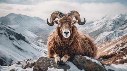 A peaceful aries gracefully grazes on a rugged mountain summit, a serene scene in the wild