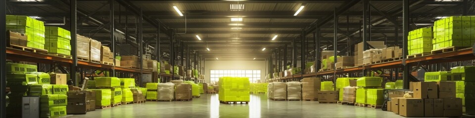 Warehouse space full of various lime green RECALLED goods, cardboard boxes, wood pallets, containers, bins, all labeled with hazardous tape etc, hero image waste management.