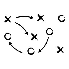 Game plan on white transparent background. Sports tactics and strategy (vector, png, jpeg). Scheme of movement of team player. Combination of crosses and circles with path arrows.