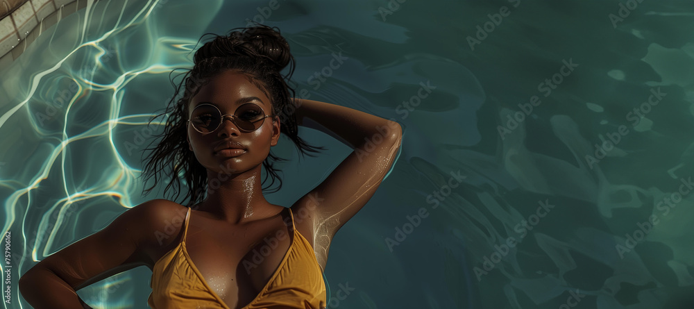 Wall mural beautiful afro american black woman in yellow bikini swimsuit relaxing in the pool