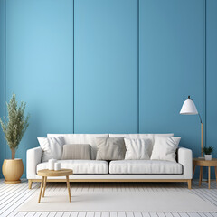 White sofa on a blue background. Living room. Room design.
Cool interior with white sofa and blue wall.
modern living room
A living room with a blue wall and a white rug
