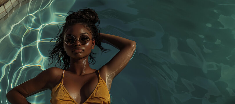 beautiful afro american black woman in yellow bikini swimsuit relaxing in the pool