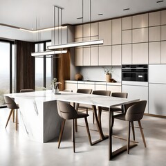 Minimalist modern interior design of kitchen with white marble stone island,dining table and chairs.