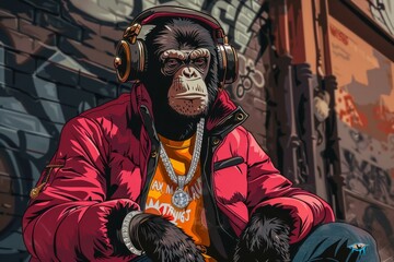 Illustration of a thoughtful gorilla wearing headphones and a winter jacket, featuring a bling necklace, against an urban graffiti background.