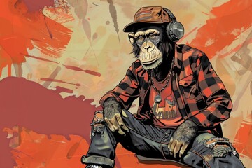 A thought-provoking illustration showcasing a chimpanzee in casual flannel attire and beanie, with headphones, set against a graffiti-styled backdrop.