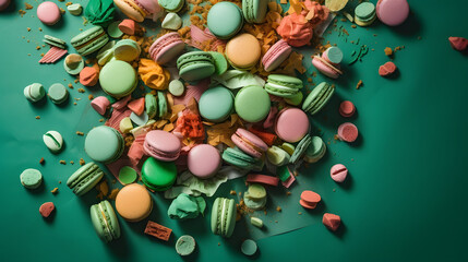 colorful and candy cane macarons on green paper