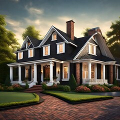 Colonial style brick family house exterior with black roof tiles.Beautiful front yard with lawn and flower bed. - obrazy, fototapety, plakaty