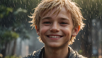 Ein Junge hat Spaß und steht im warmen Sommer Regen, die Tropfen Wasser durchnässen ihn und er genießt die feuchte Abkühlung lächelnd wie eine Dusche - obrazy, fototapety, plakaty