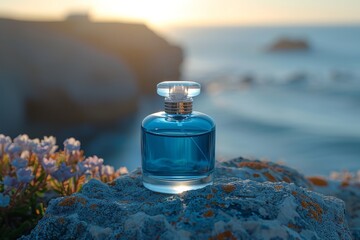 A Luxury bottle of perfume is sitting on a rock by the water - obrazy, fototapety, plakaty