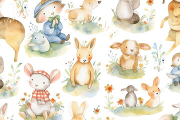 pattern watercolor Rhyme Nursery seamless children background animals white illustration baby tile