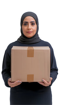 Muslim Young Woman Holding A Large Box  White Background