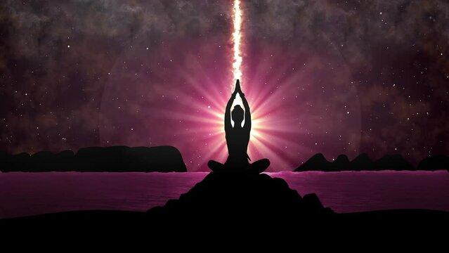 Girl Doing Yoga With Bright Optical Lens Effects Animation. Silhouette Girl Doing Yoga Lotus Position And Energy Light Produce Form Her Body Animation Effects. A Woman Meditating Chakras Asan. Yoga