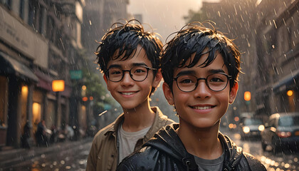 Zwillinge Brüder Jungen haben Spaß und steht im Sommer Regen, die Tropfen Wasser durchnässen beide und sie genießen zusammen die feuchte Abkühlung lächelnd wie eine Dusche - obrazy, fototapety, plakaty