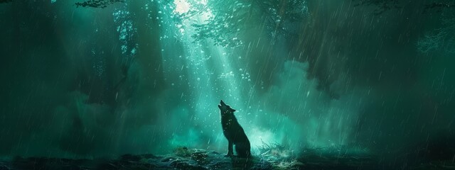 A wolf howls in the night, under an ominous sky with rain pouring down