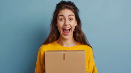Obraz premium excited woman ready to open surprise cardboard box