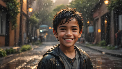 Ein Junge hat Spaß und steht im warmen Sommer Regen, die Tropfen Wasser durchnässen ihn und er genießt die feuchte Abkühlung lächelnd wie eine Dusche - obrazy, fototapety, plakaty