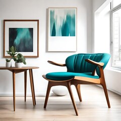 wooden chair with teal cushion against white wall with art poster frames. 