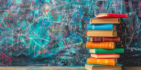 Stack of educational school books against a colorful chalkboard with math equations. Ample copyspace - obrazy, fototapety, plakaty