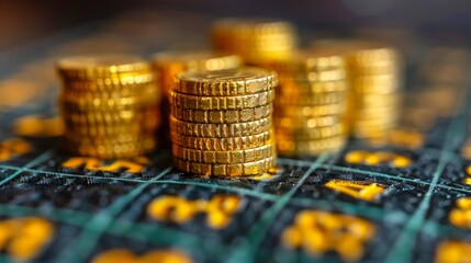 Stacks of gold coins on a circuit board background with selective focus and a bokeh effect, highlighting concepts of digital currency and investment.