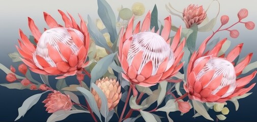 Floral banner, card, mock up. Greeting card with protea Australian natives flowers. Elegant watercolour illustration. Generative AI 