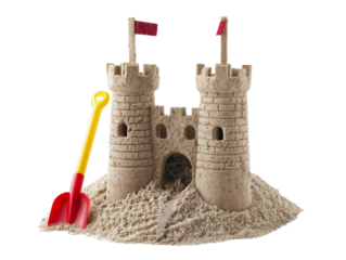 Detailed Sand Castle with Red Flags and Yellow-Red Shovel on Transparent Background