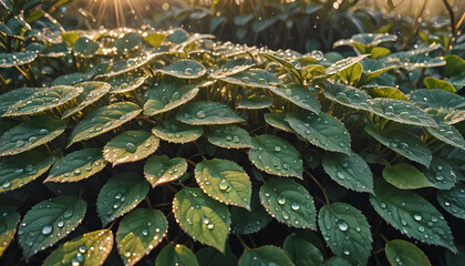 frische grüne Blätter Pflanzen im Morgen Tau Tropfen aus glitzerndem Wasser in warmen sanften Licht der Sonne mit Strahlen in goldener Stunde friedlich rein klar und natürlich kraftvoll vital vegan - obrazy, fototapety, plakaty