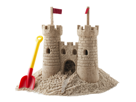 Detailed Sand Castle with Red Flags and Yellow-Red Shovel on Transparent Background